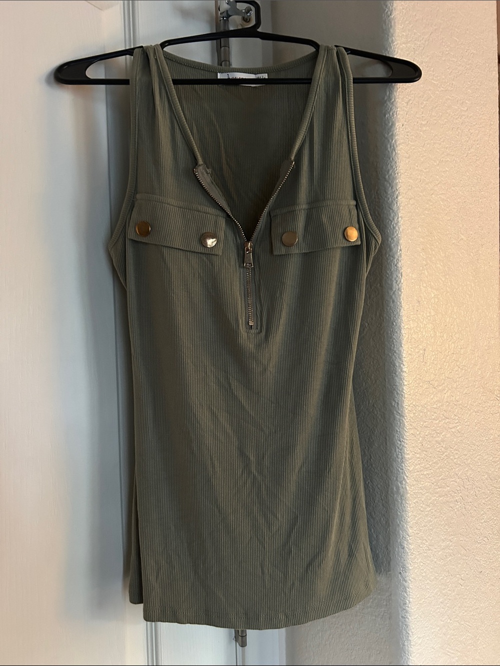 Olive Ribbed Zip-Front Tank Top with Button Accents